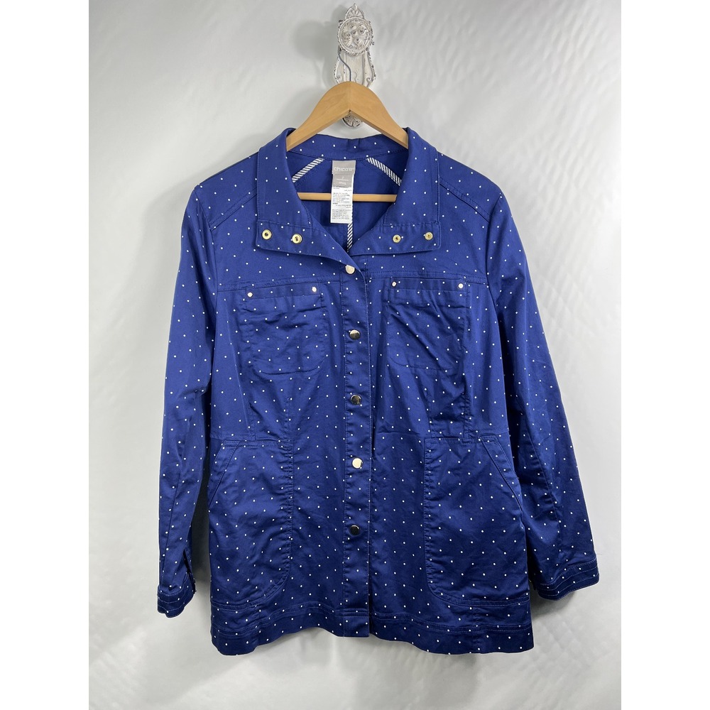 Chico's Jacket Womens 2 Blue Polka Dot Utility Snap Front Stretch Cotton Blend